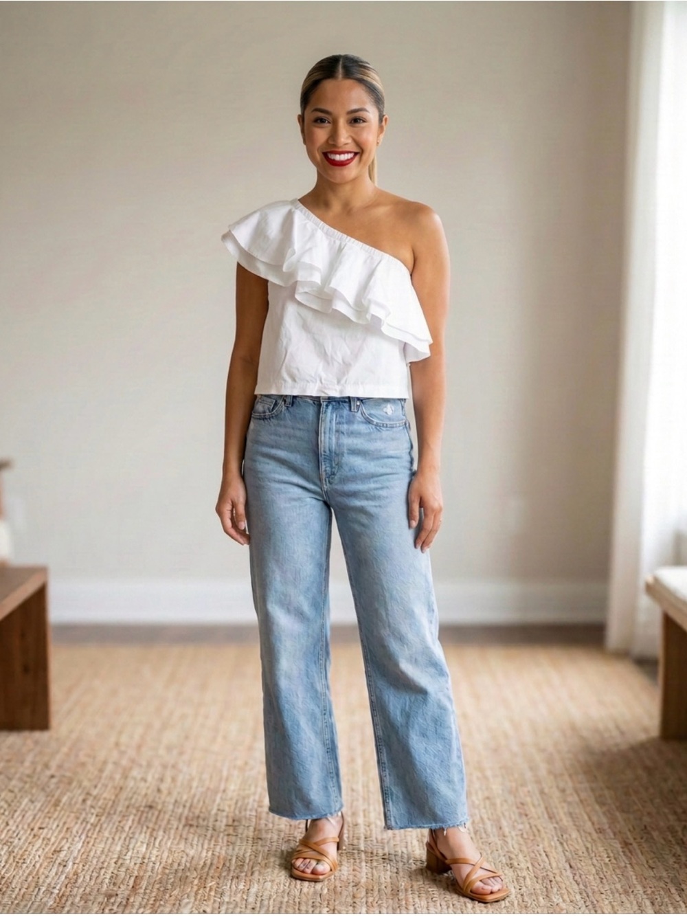 Topshop White One-Shoulder Ruffle Top Size 8 (medium) Petite